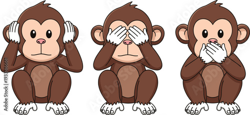 Three Wise Monkeys See No Evil Hear No Evil Speak No Evil Cartoon Vector Illustration