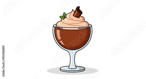 A delectable chocolate dessert served in a glass goblet, topped with whipped cream, a sprig of mint, and a chocolate square