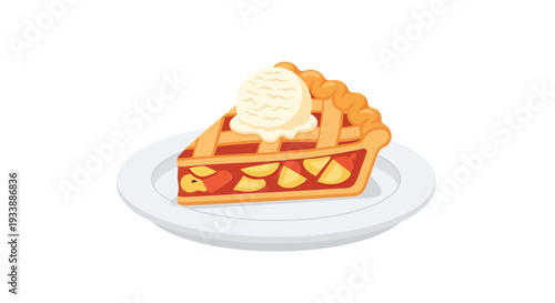 A classic dessert illustration featuring a golden-brown slice of apple pie with a scoop of vanilla ice cream on a white plate, ideal for food-related projects