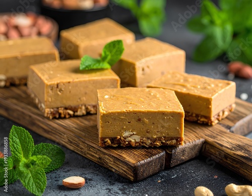 square pieces of raw vegan cashew butter fudge on a wooden board decorated with fresh mint and nuts