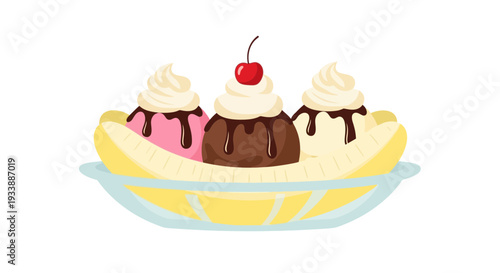 Delicious Banana Split Dessert with Three Scoops of Ice Cream, Topped with Whipped Cream and Cherry
