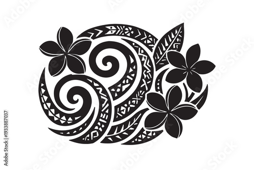 Polynesian tribal tattoo design featuring plumeria flowers and traditional wave patterns