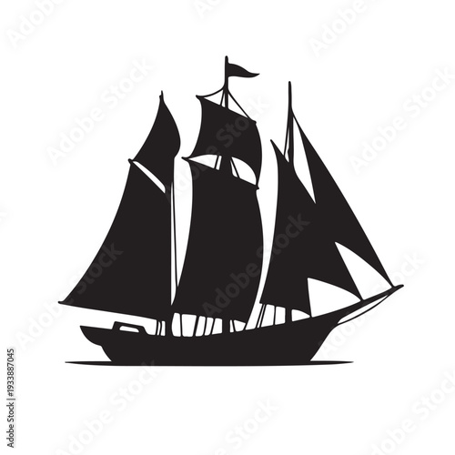 Black and white silhouette of a vintage sailing ship with multiple masts and sails on a plain background