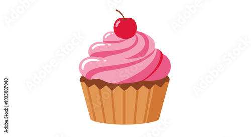 Charming cartoon style cupcake graphic featuring creamy pink icing and a bright red cherry, ideal for bakery themes and delightful dessert concepts