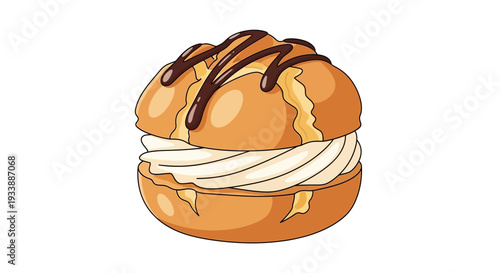Delightful Cartoon Cream Puff with Whipped Cream Filling and Rich Chocolate Drizzle Illustration
