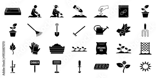 Modern Simple Black Gardening and Agriculture Icons Collection. Planting, Cultivation, Tools Vector Set.