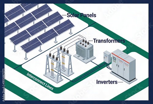 Solar energy infrastructure diagram illustrating solar panels, transformers, and inverters connected by interconnect lines capturing the essence of renewable energy technology evolution and