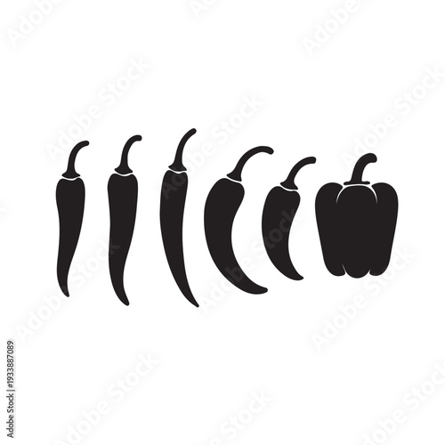 Black silhouettes of various types of peppers ranging from thin chili to bell pepper on white background
