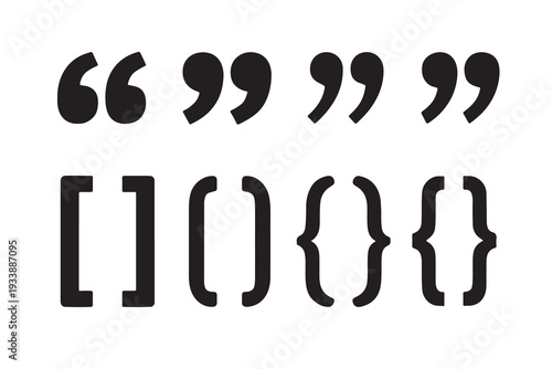 Collection of common punctuation marks including quotation marks, brackets, and braces on white background.