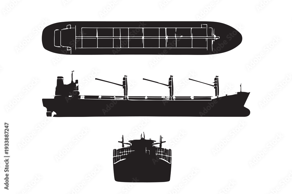 Obraz premium Black silhouette icons of a cargo ship from top side and front views on white background