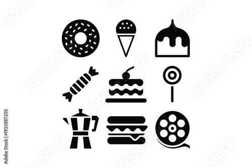 Food icon set with various sweet and savory illustrations
