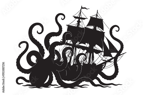 Giant kraken octopus attacking a vintage wooden sailing ship on the open sea illustration.