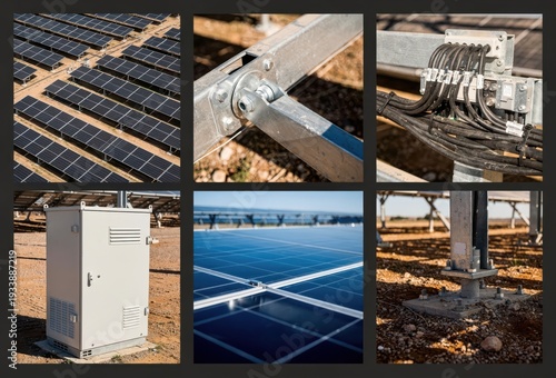 Solar energy infrastructure featuring solar panel array, electrical connections, junction box, and support structures showcasing renewable energy technology and eco friendly initiatives