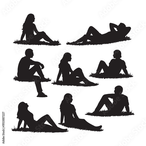 Collection of black silhouettes of people sitting and lying on the ground in relaxed poses