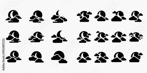 Set of black and white weather icons showing moon and clouds for night forecasts.