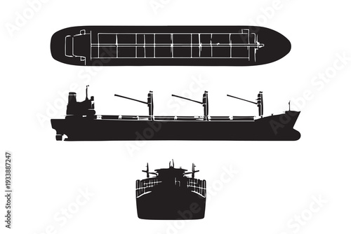 Black silhouette icons of a cargo ship from top side and front views on white background