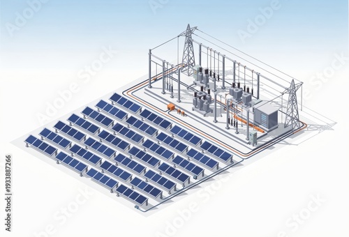 Innovative solar energy ecosystem featuring an extensive array of photovoltaic panels interconnected with high tech power infrastructure showcasing sustainable energy solutions