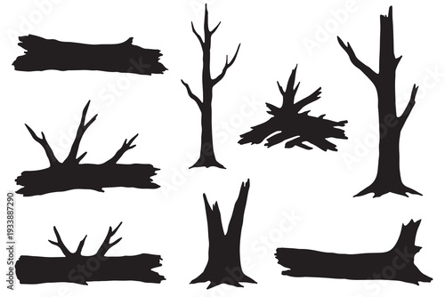 Collection of black silhouettes featuring dead trees, fallen logs, and bare branches
