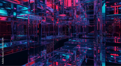 Vibrant futuristic architecture with neon pink and blue lights