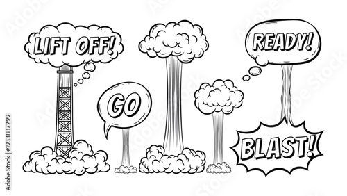 Comic Rocket Launch Sequence: A dynamic black and white illustration of a rocket launch sequence, with speech bubbles capturing the excitement of the moment.