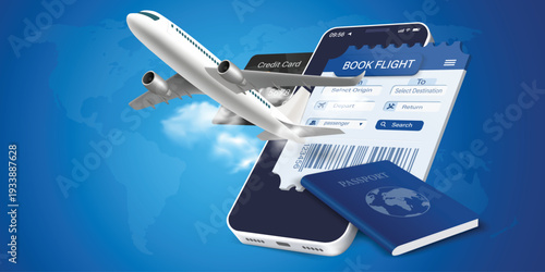 Airplane is taking off from passport with location pin. Luggage blue, air ticket and cloud float away. For media tourism advertising banner design. Holiday travel and Transport concept. 3D Vector.