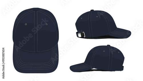 Navy Blue Baseball Cap Mockup Vector Set with Front and Side Views for Apparel Branding, Sports Headwear Design, and Promotional Merchandise Templates
