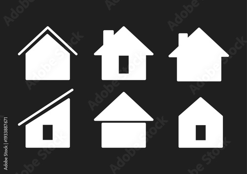 Minimalist House and Home Icon Set. Collection of White Building Symbols on Black Background for Property and Real Estate Concepts.