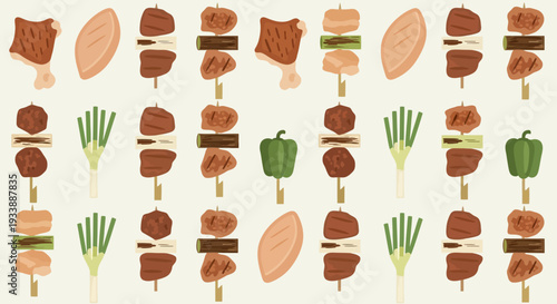 Assorted Skewers of Grilled Meat and Vegetables