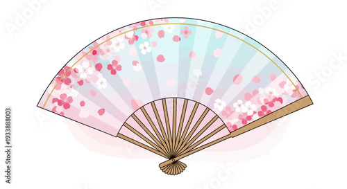 Japanese Fan with Cherry Blossoms and Sunburst Background