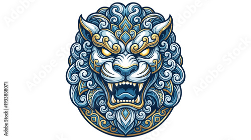 Intricate Blue Lion Head Emblem with Ornate Details.