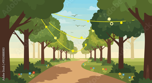 Park Pathway with String Lights and Trees
