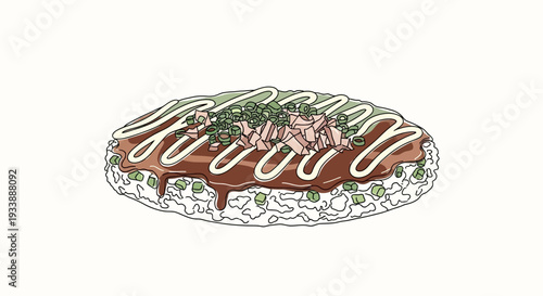Okonomiyaki illustration, Japanese savory pancake, food art