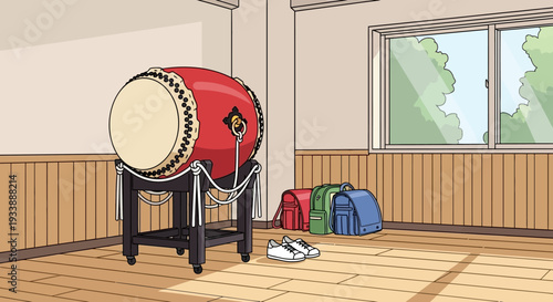 Taiko Drum in Classroom with School Bags and Shoes