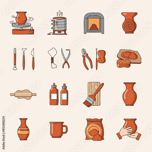 Collection of pottery tools and ceramics in a studio setting from a top-down viewpoint