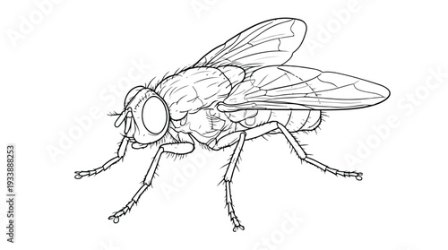 Detailed Line Drawing of a Housefly Insect.