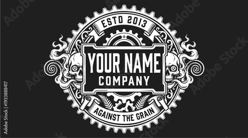 Vintage Skull Emblem Logo with Gears and Flames.