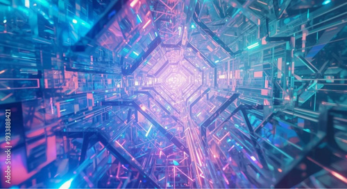 Vibrant neon tunnel with futuristic geometric patterns and bright lights