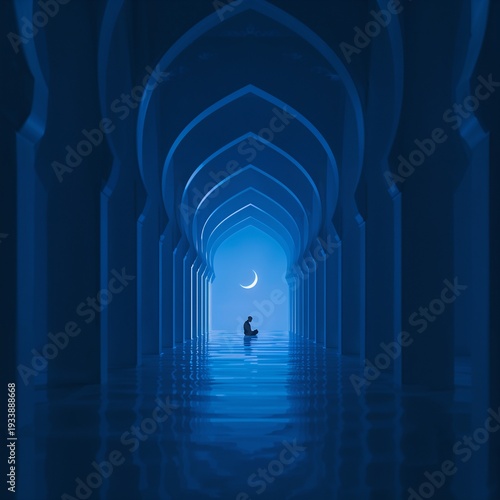 A lone individual is seen kneeling in prayer within a grand, illuminated hallway adorned with Islamic architecture, under a crescent moon in the night sky