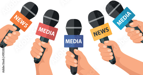 Hands Holding Microphones for Press Conference, News Media TV Broadcast Vector Illustration