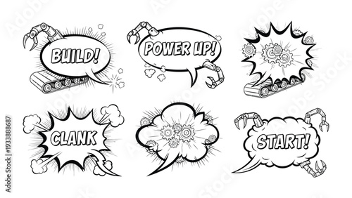 Robotics comic speech bubbles: Bold black and white illustrations of robotic arms and tank-like vehicles, complemented by speech bubbles filled with commands and sound effects.