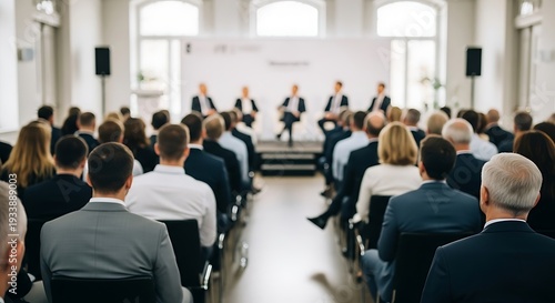 Audience seated in a conference hall facing a panel discussion on a stage meeting presentation