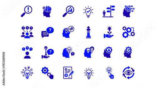 Outline icons featuring research, idea, strategy, technology, and business development concepts. Modern EPS vector set.