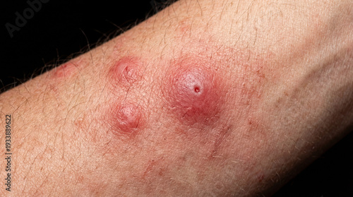 Close-up of Monkeypox lesions on human skin showing pustules and redness.