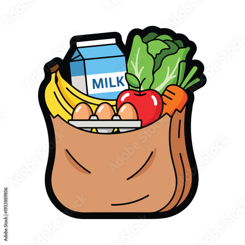 A brown paper bag filled with fresh produce and dairy products viewed from the front against a clean white background