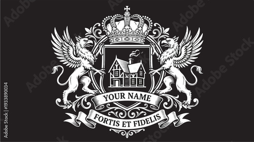 Elegant Crest with Griffins and Manor House Emblem.