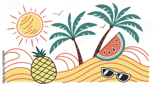 A colorful beach scene with palm trees fruit and sunglasses on the sand