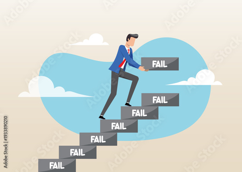 A businessman climbing stairs made of blocks labeled FAIL.