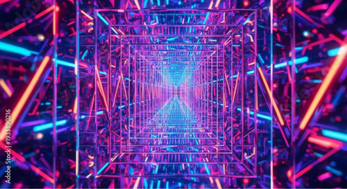 Vibrant neon tunnel with futuristic neon lights and glowing lights