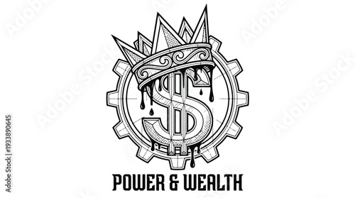 Dollar Sign Crowned with King Crown and Gear Symbolizing Power and Wealth.