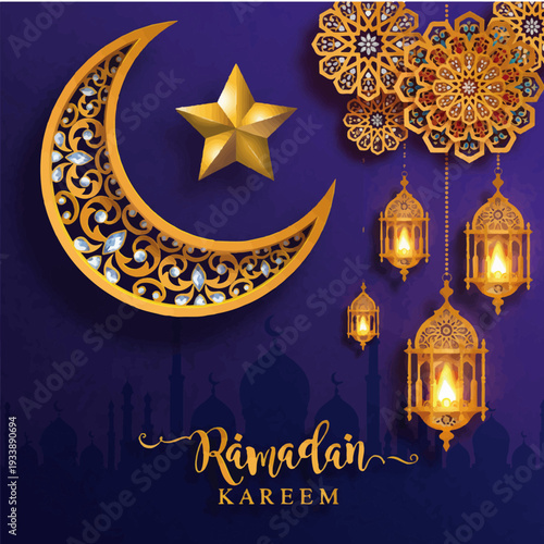 Golden Ramadan Celebration: Exquisite golden crescent moon and star sparkle, illuminated by lanterns and intricate arabesque designs, heralding the spirit of Ramadan Kareem.